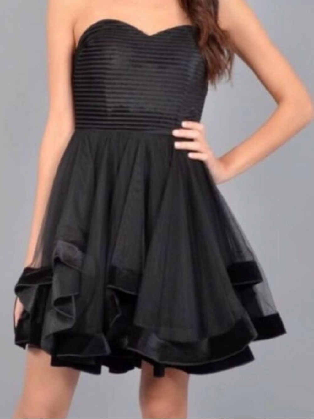 Blondie Nites Black Strapless Layered Velvet Trim Formal Fit & Flare Dress